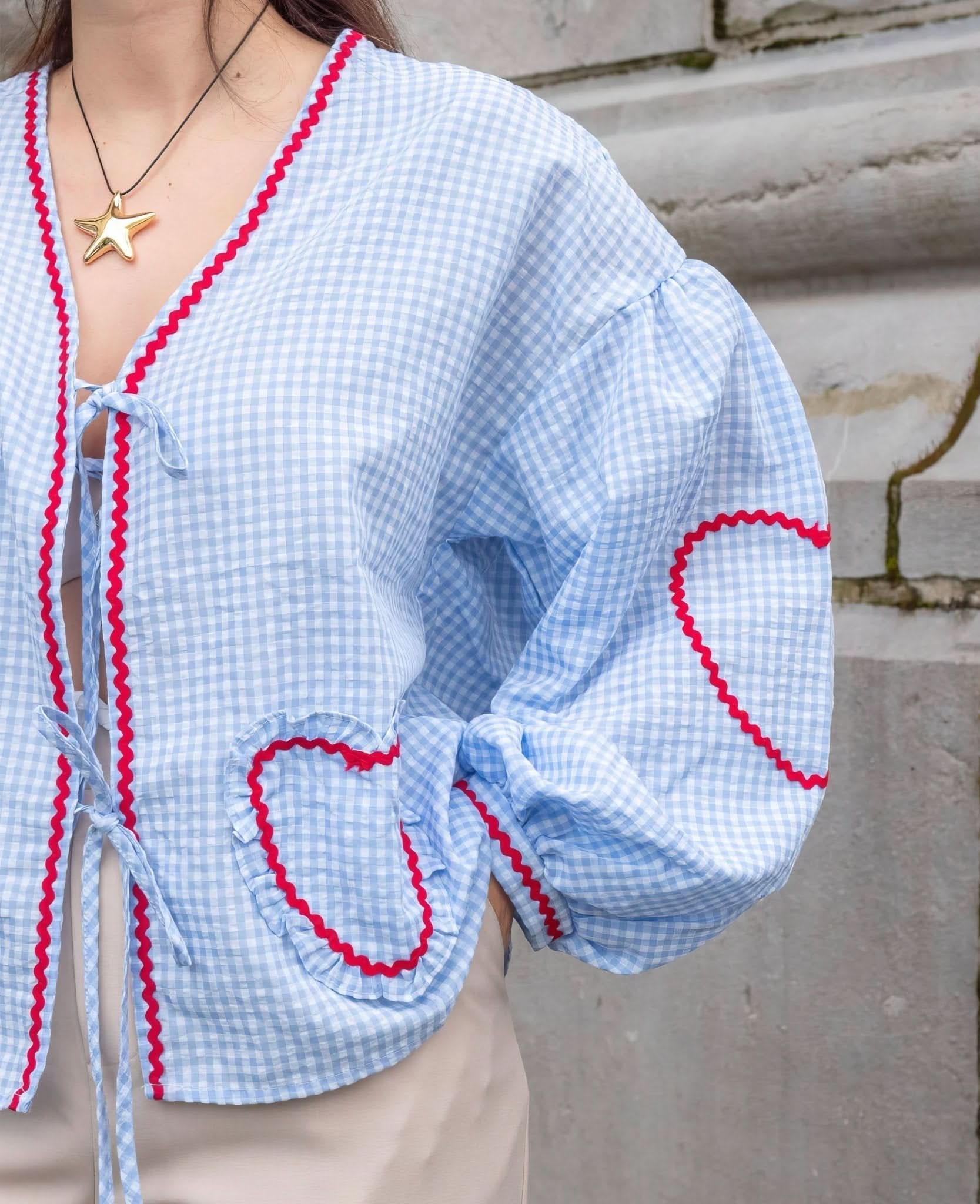 Blouse femme vichy col V à nouer manches longues oversize style bohème