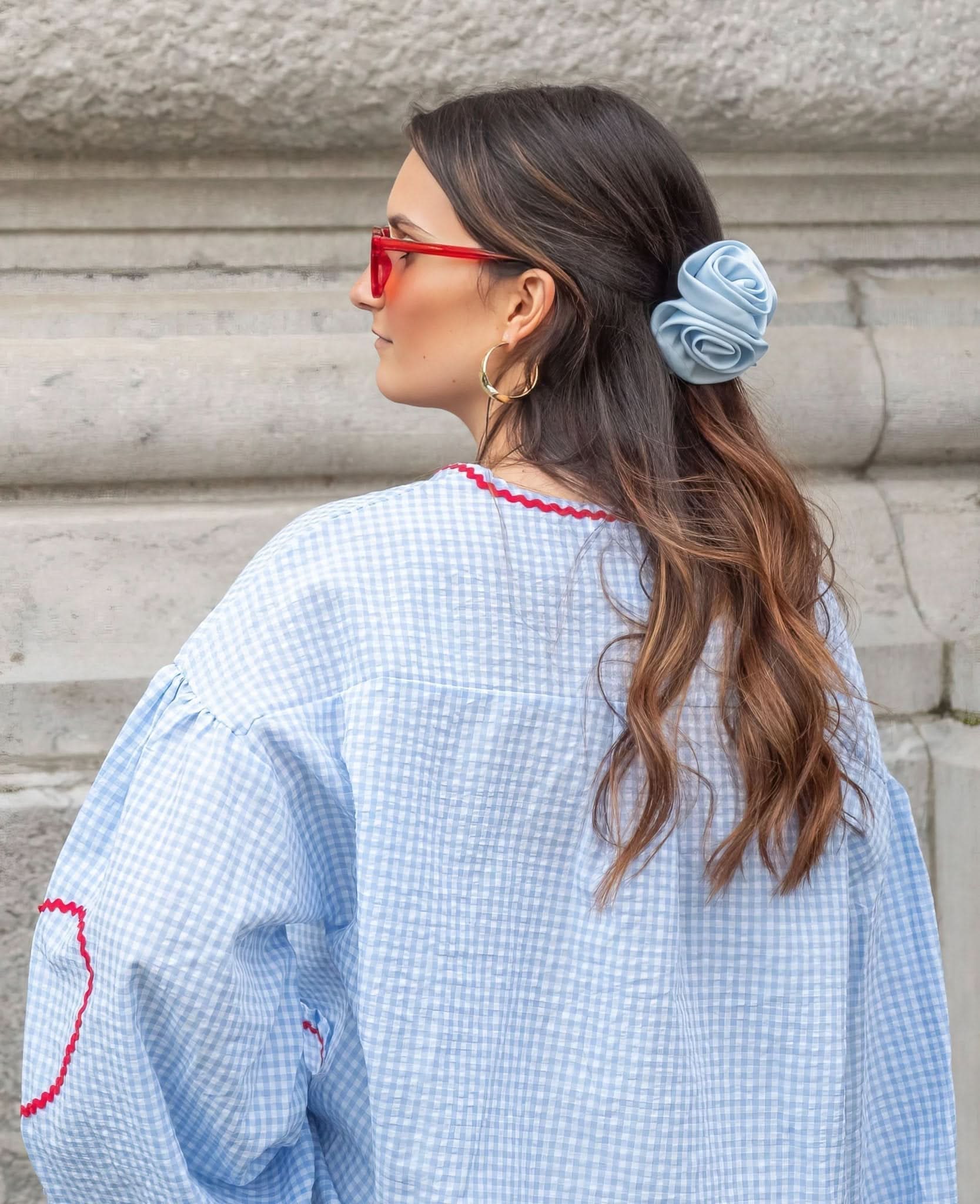 Blouse femme vichy col V à nouer manches longues oversize style bohème
