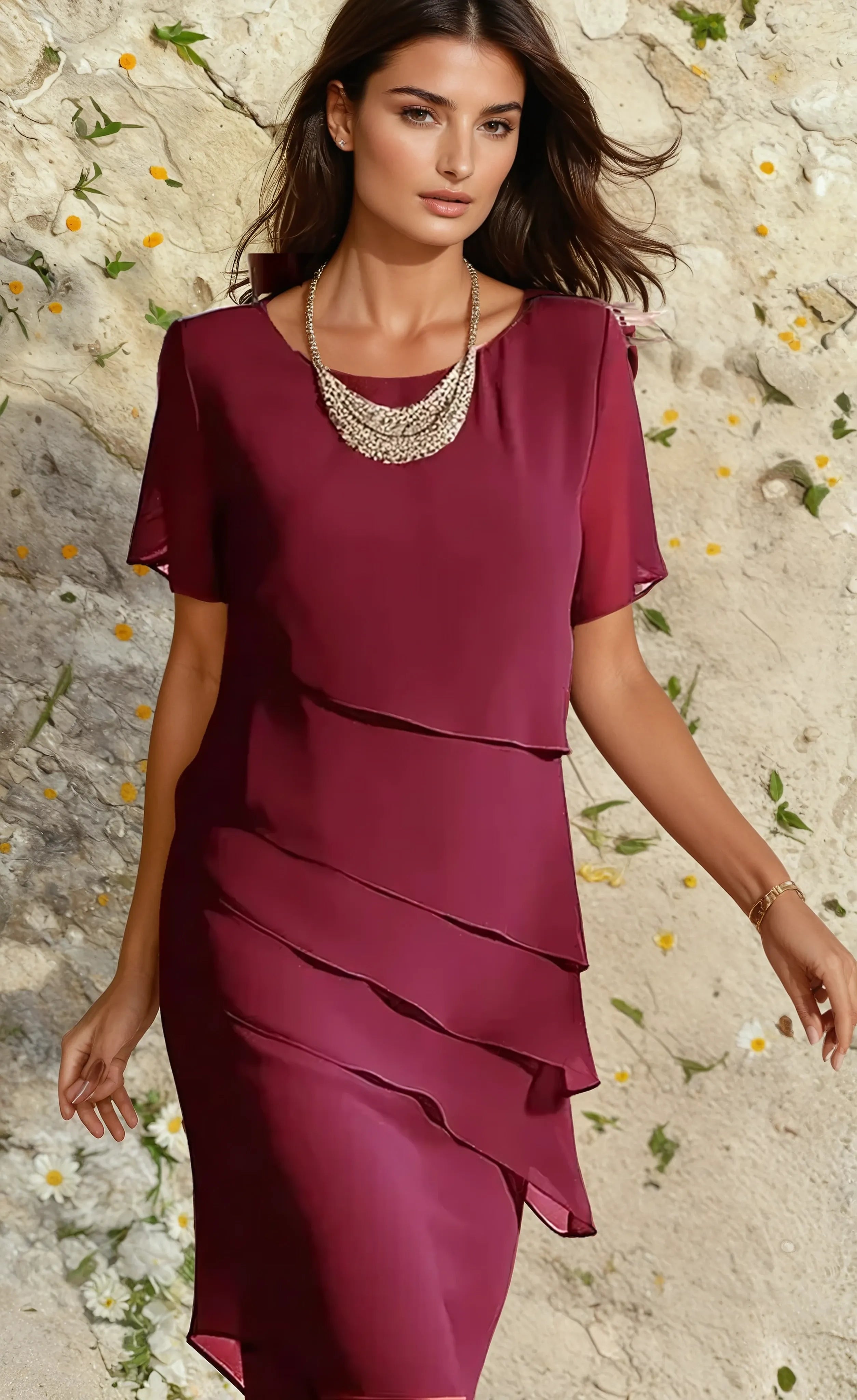 Robe cocktail midi femme à volants asymétriques et manches courtes fluides