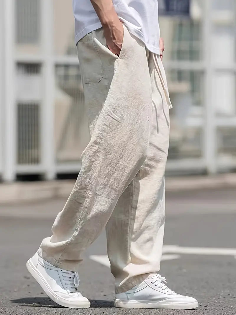 Pantalon homme en lin coupe parachute à cordon style ample été respirant