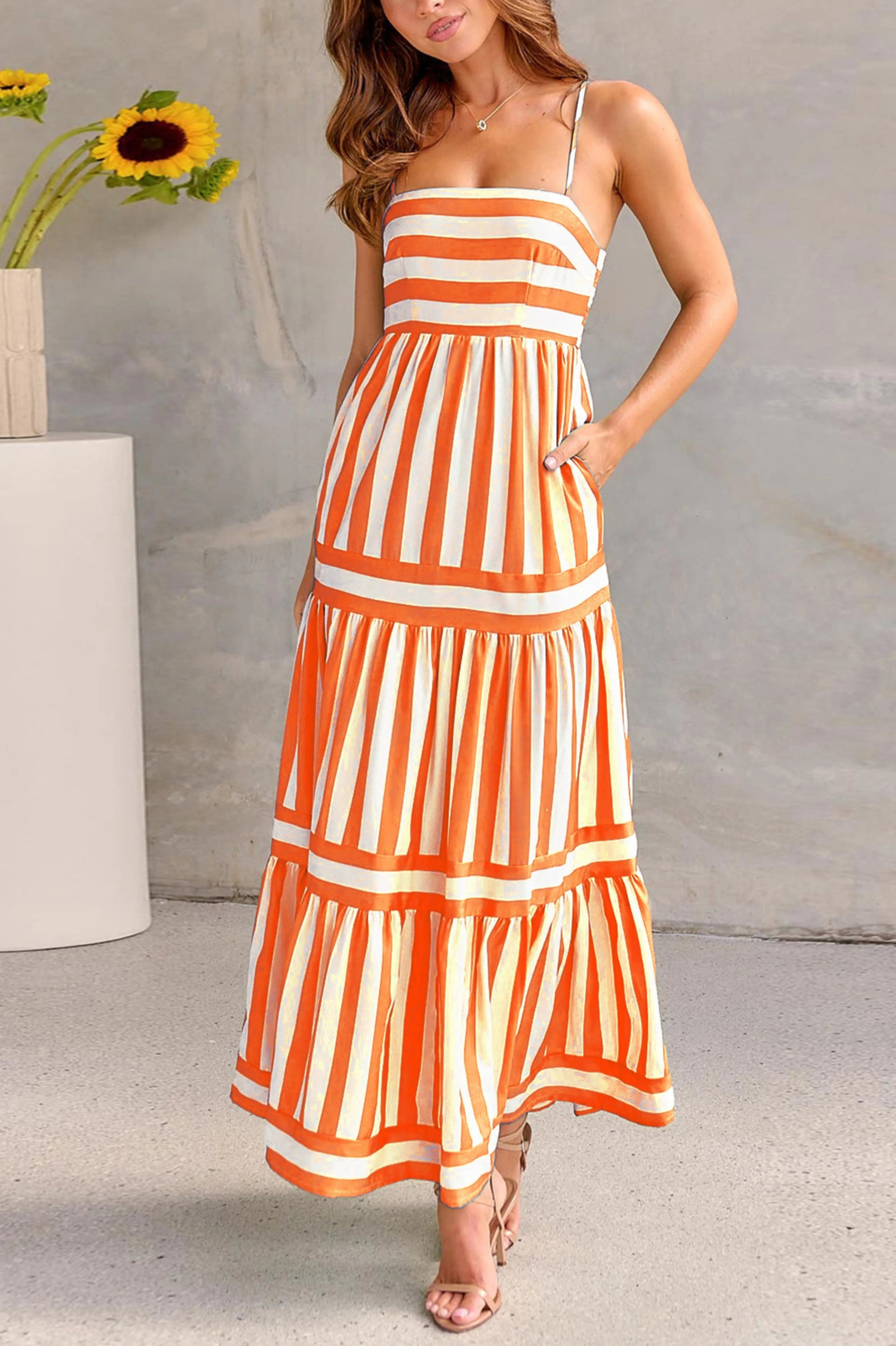 Robe longue femme rayée à bretelles coupe fluide sans manches