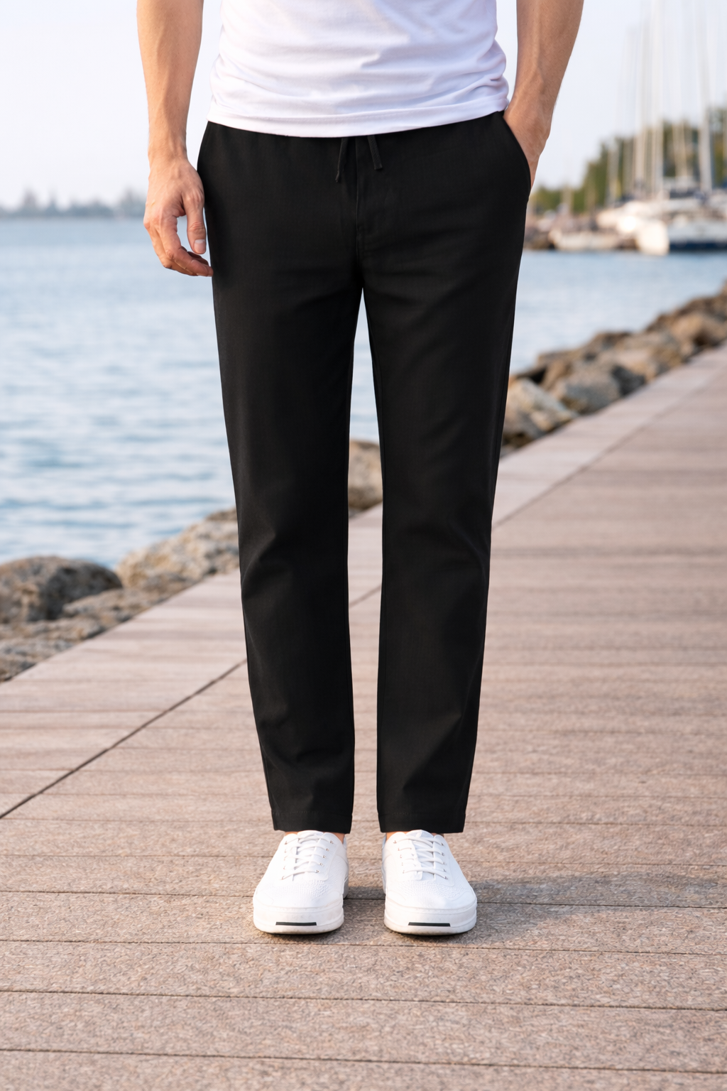 Pantalon homme coton taille élastique cordon de serrage coupe droite