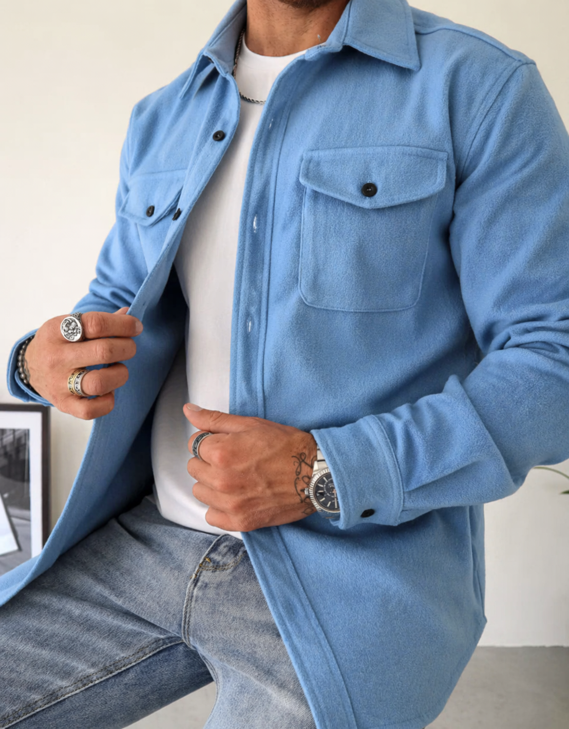 Surchemise homme veste overshirt à boutons manches longues avec poches poitrine