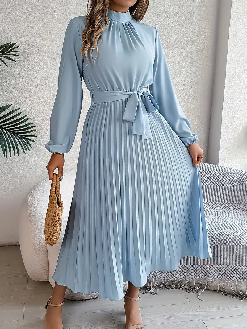 Robe midi plissée femme manches longues col montant taille ceinturée coupe évasée