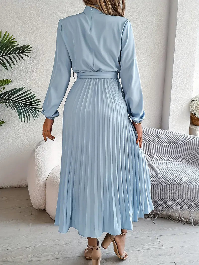 Robe midi plissée femme manches longues col montant taille ceinturée coupe évasée