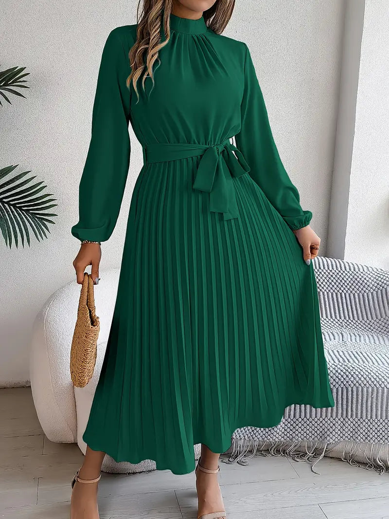 Robe midi plissée femme manches longues col montant taille ceinturée coupe évasée