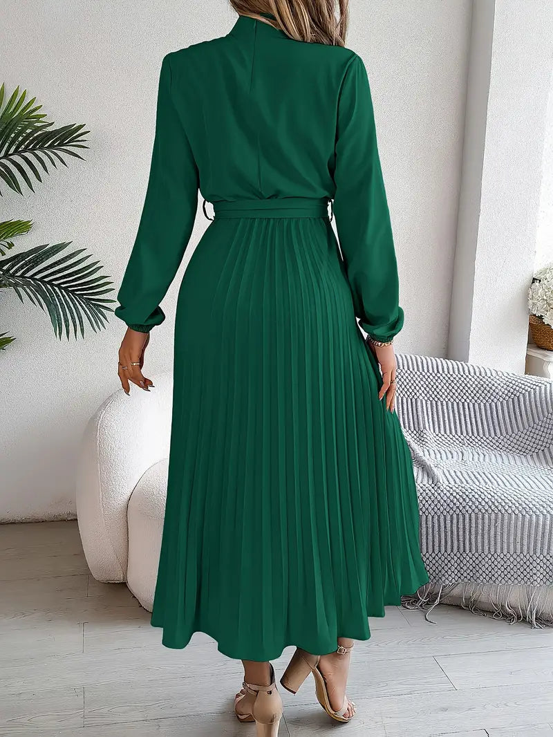 Robe midi plissée femme manches longues col montant taille ceinturée coupe évasée