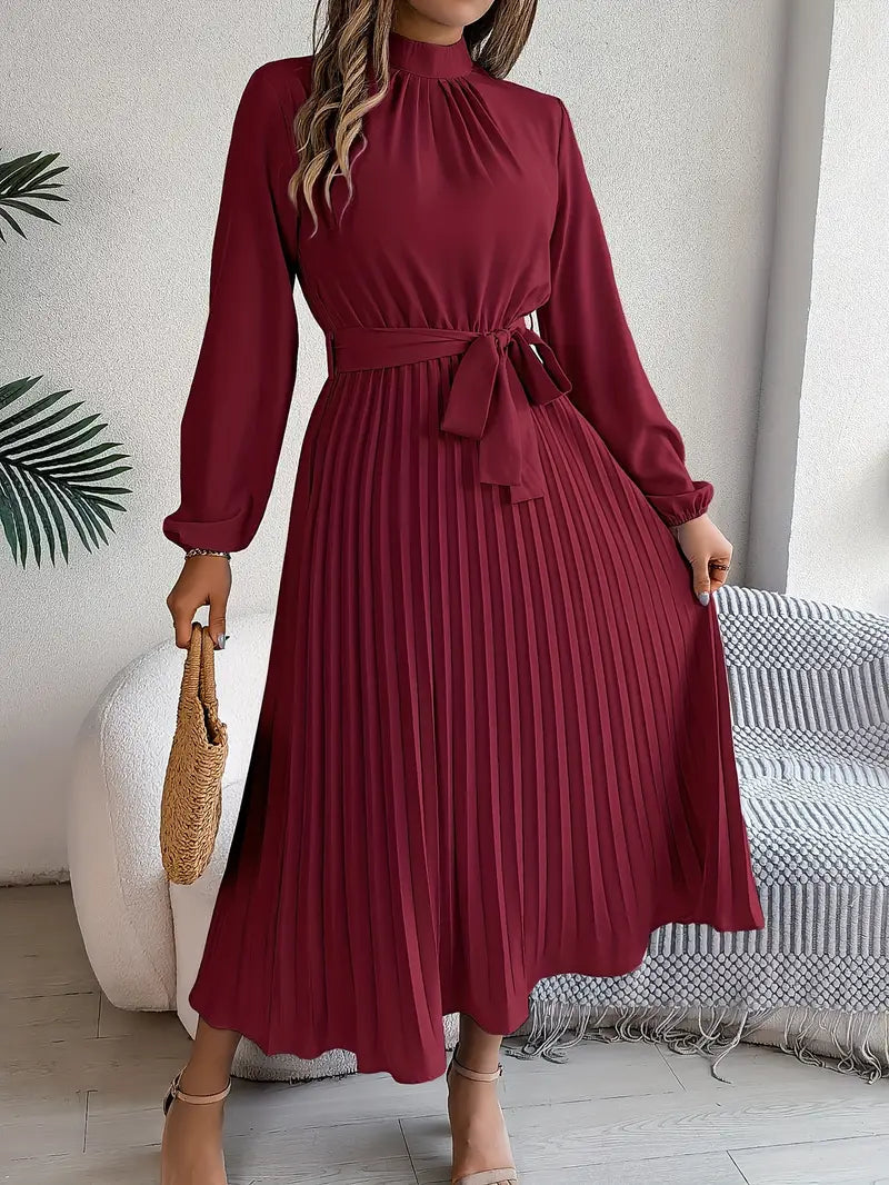 Robe midi plissée femme manches longues col montant taille ceinturée coupe évasée