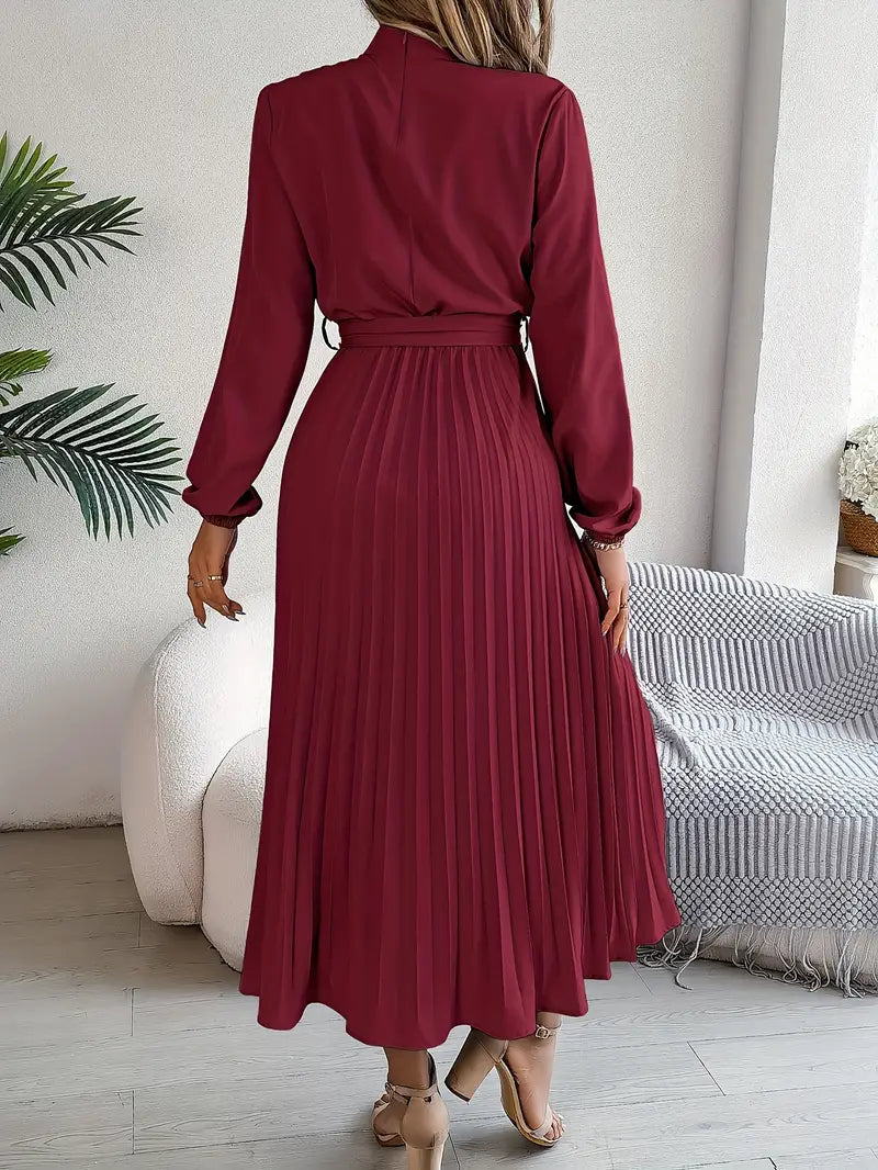 Robe midi plissée femme manches longues col montant taille ceinturée coupe évasée