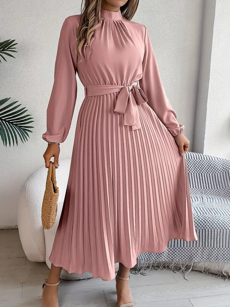 Robe midi plissée femme manches longues col montant taille ceinturée coupe évasée