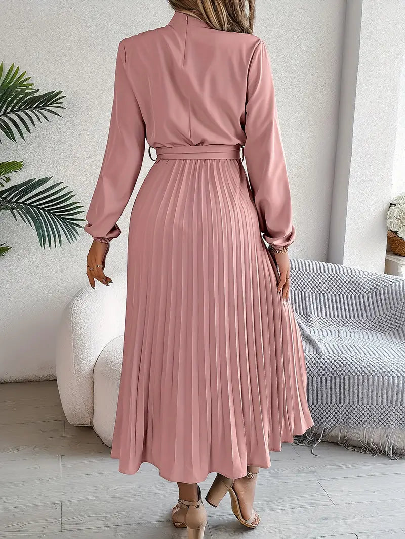 Robe midi plissée femme manches longues col montant taille ceinturée coupe évasée
