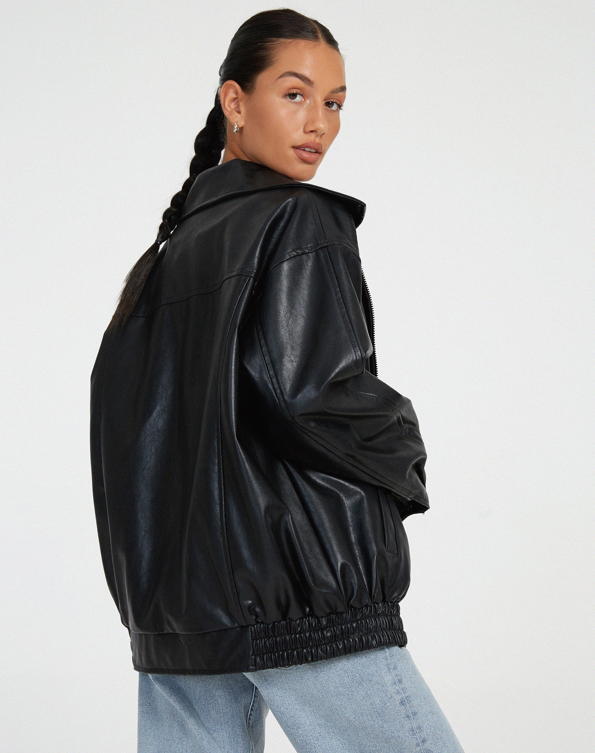 Veste bomber femme simili cuir oversize zip manches longues col large casual
