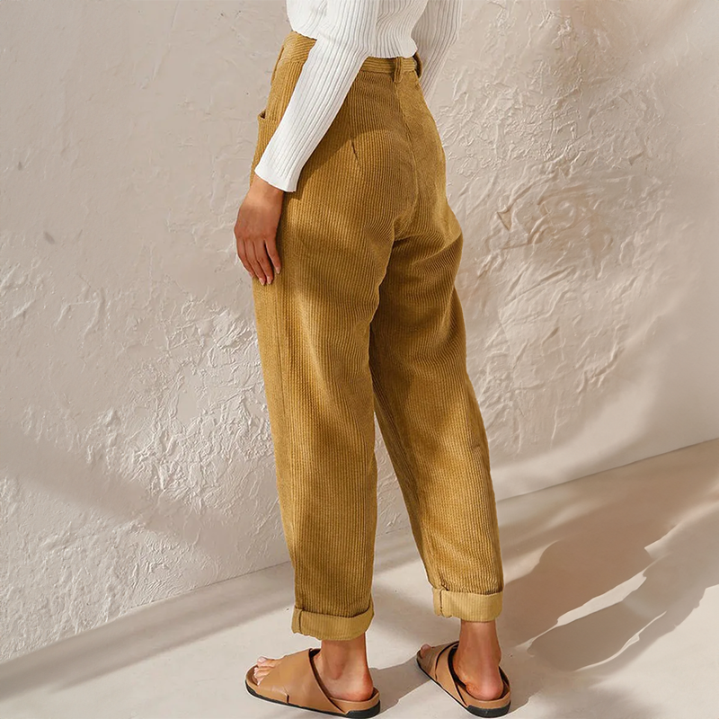 Pantalon femme en velours côtelé taille haute coupe droite poches latérales