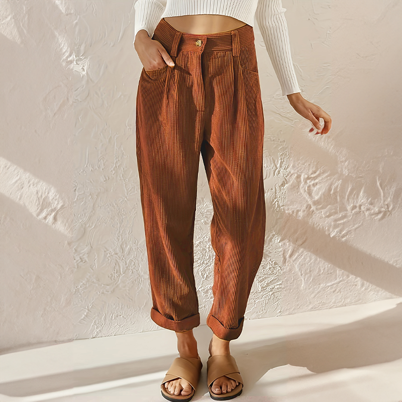 Pantalon femme en velours côtelé taille haute coupe droite poches latérales