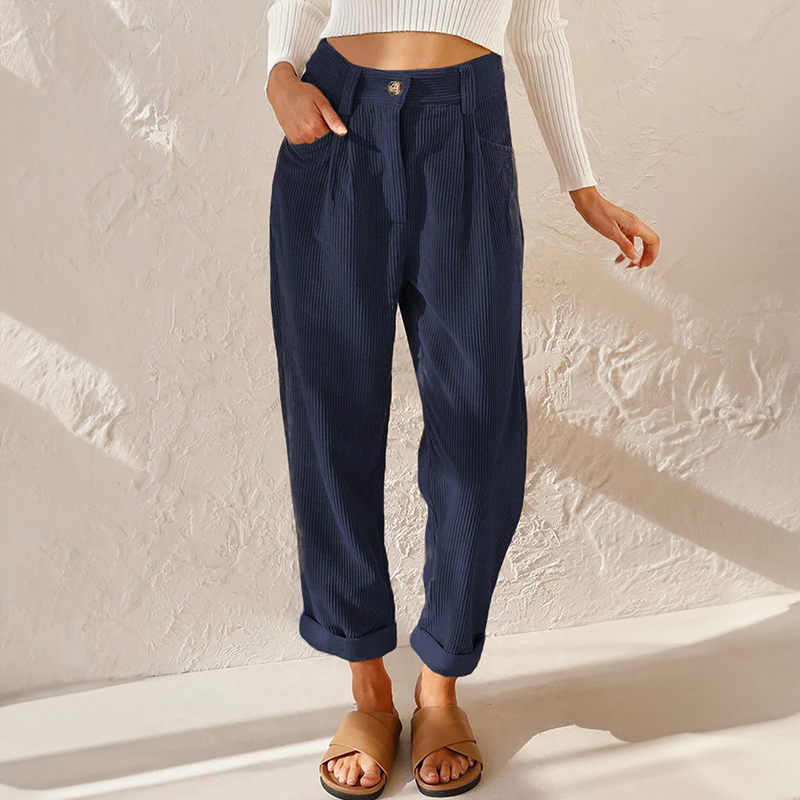 Pantalon femme en velours côtelé taille haute coupe droite poches latérales