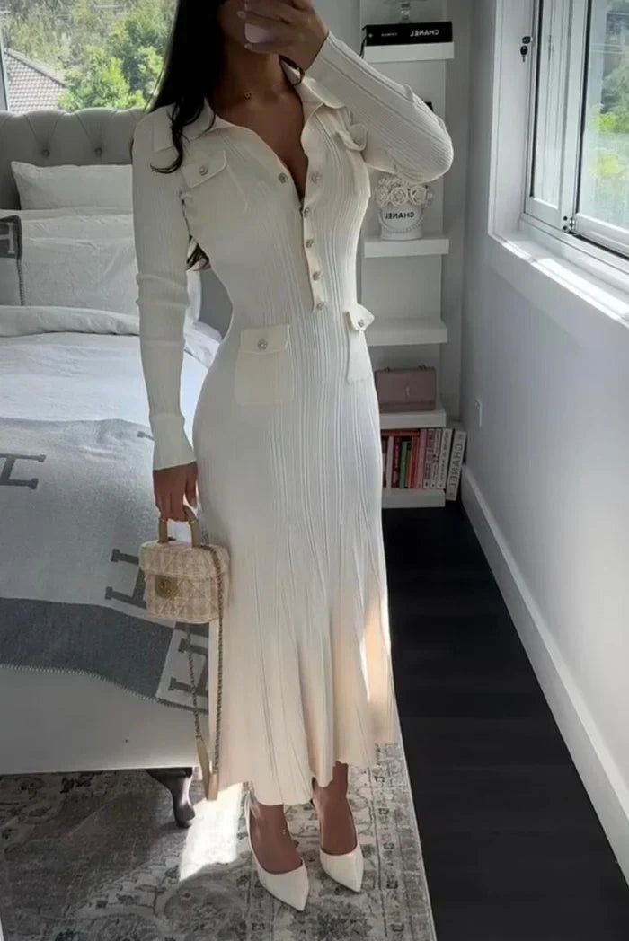 Robe pull midi femme maille côtelée col V boutons manches longues jupe plissée
