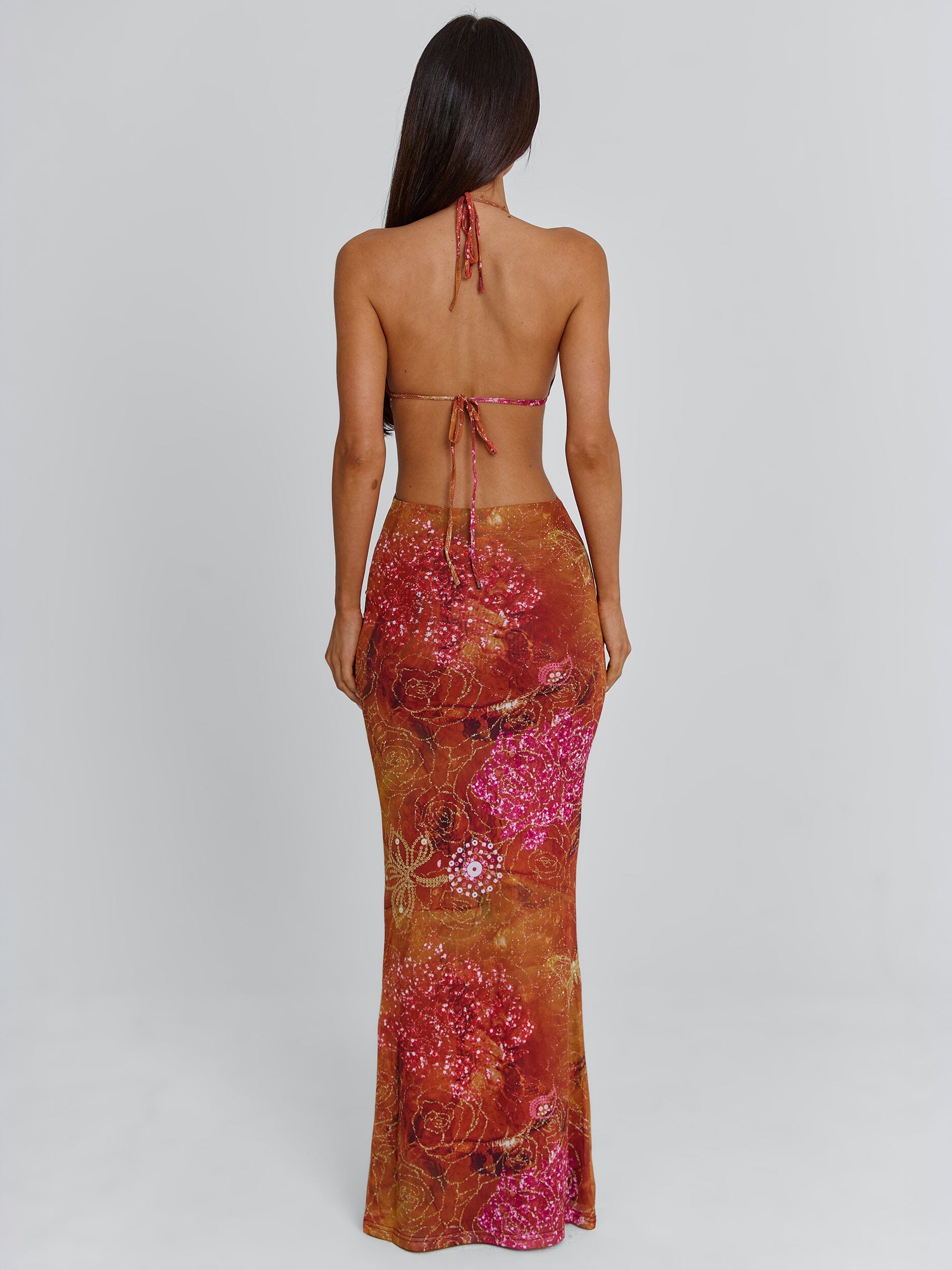 Robe longue femme bretelles fines imprimé floral coupe moulante soirée