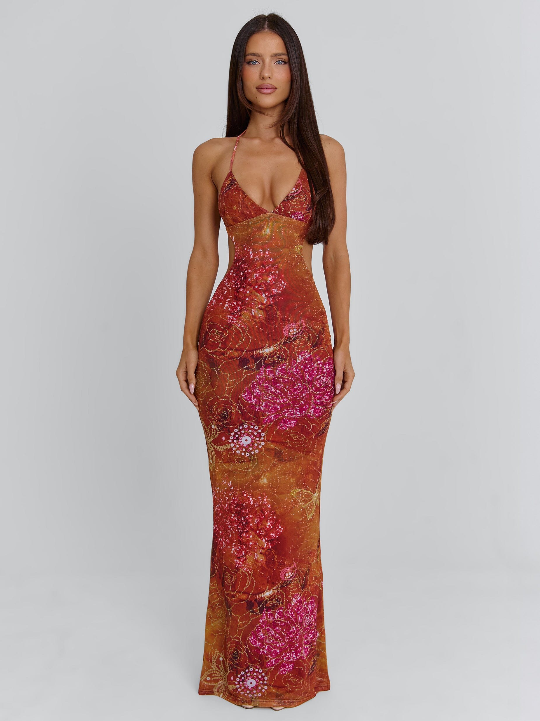 Robe longue femme bretelles fines imprimé floral coupe moulante soirée