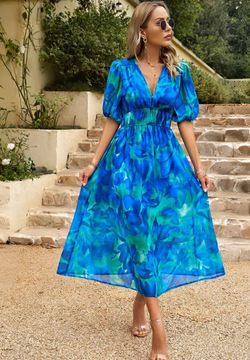 Robe midi fleurie femme à manches bouffantes et col V fluide
