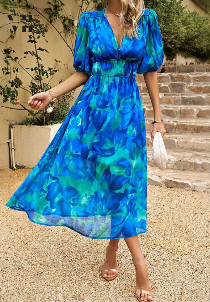 Robe midi fleurie femme à manches bouffantes et col V fluide