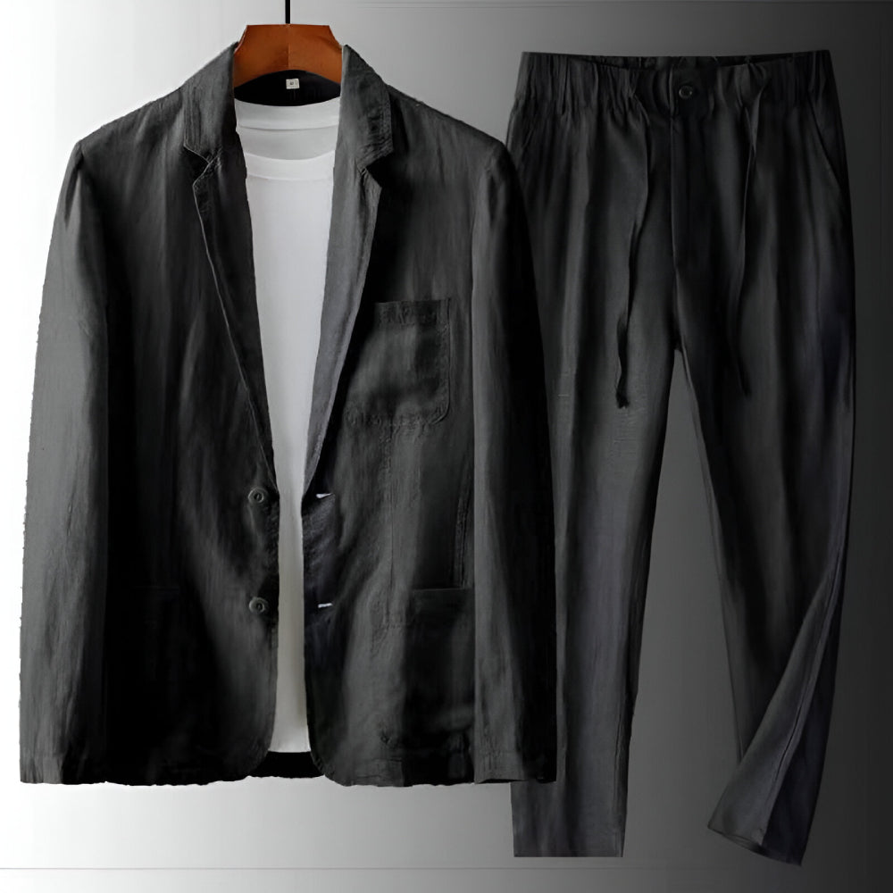 Ensemble homme en lin deux pièces blazer boutonné pantalon à cordon