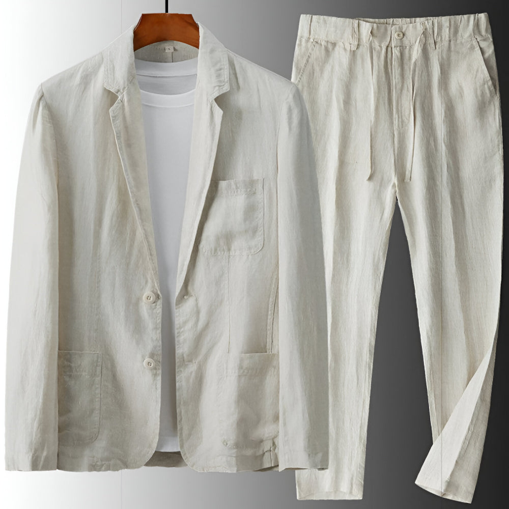 Ensemble homme en lin deux pièces blazer boutonné pantalon à cordon