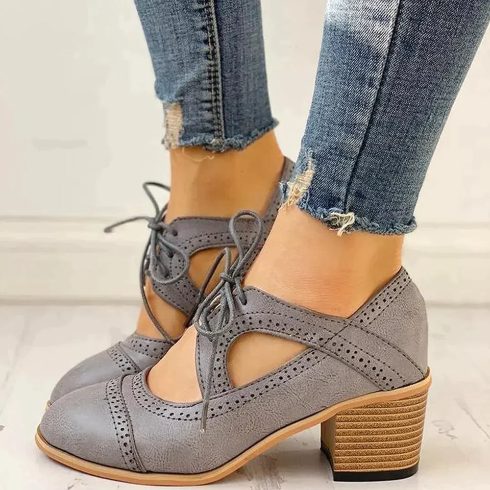 Escarpins femme à talon bloc bride T à lacets style Mary Jane