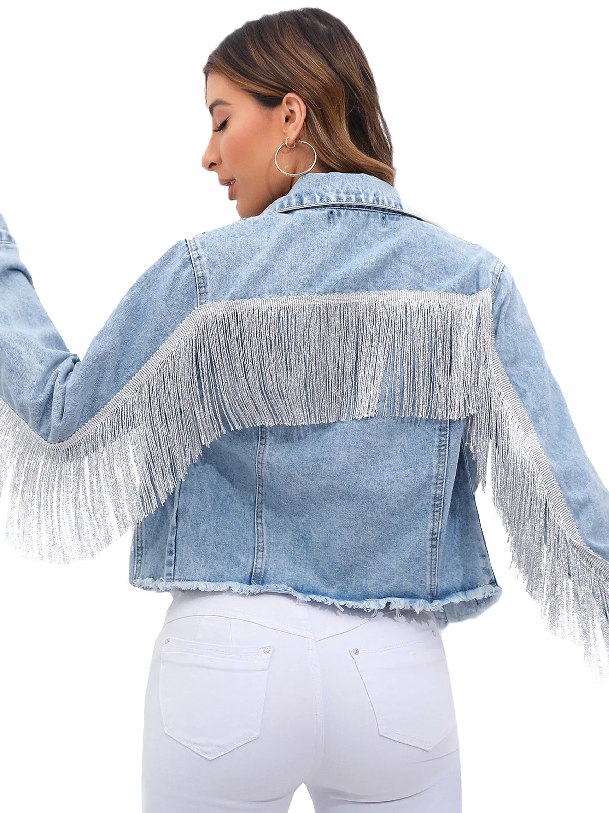 Veste en jean femme courte avec franges manches longues coupe ajustée boutonnée