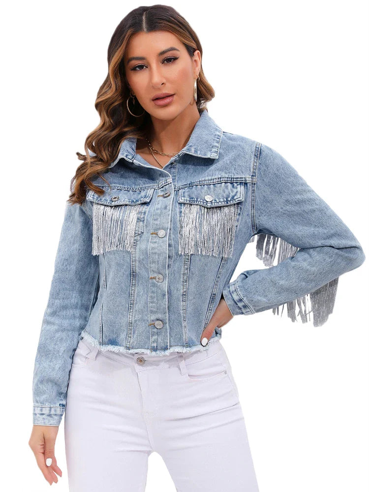 Veste en jean femme courte avec franges manches longues coupe ajustée boutonnée