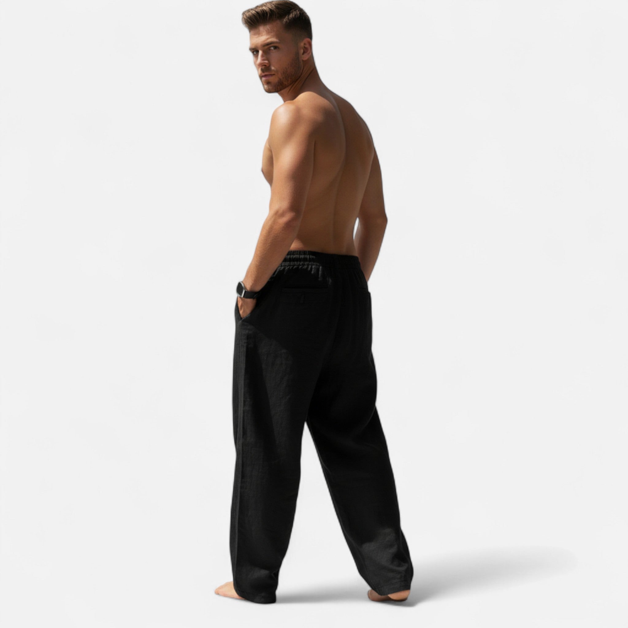 Pantalon homme en lin coupe ample à cordon de serrage style décontracté