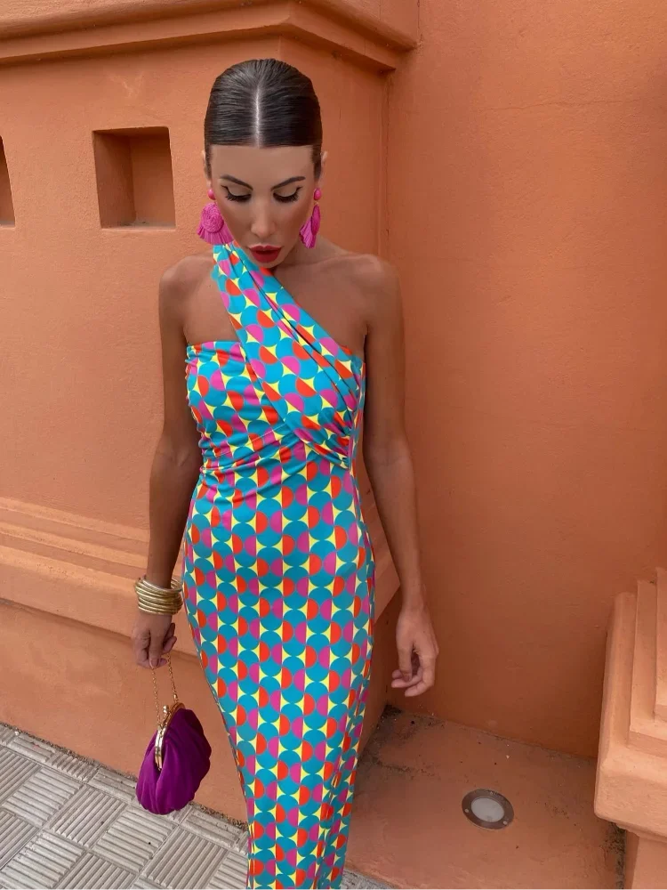 Robe longue asymétrique femme imprimé géométrique une épaule coupe moulante
