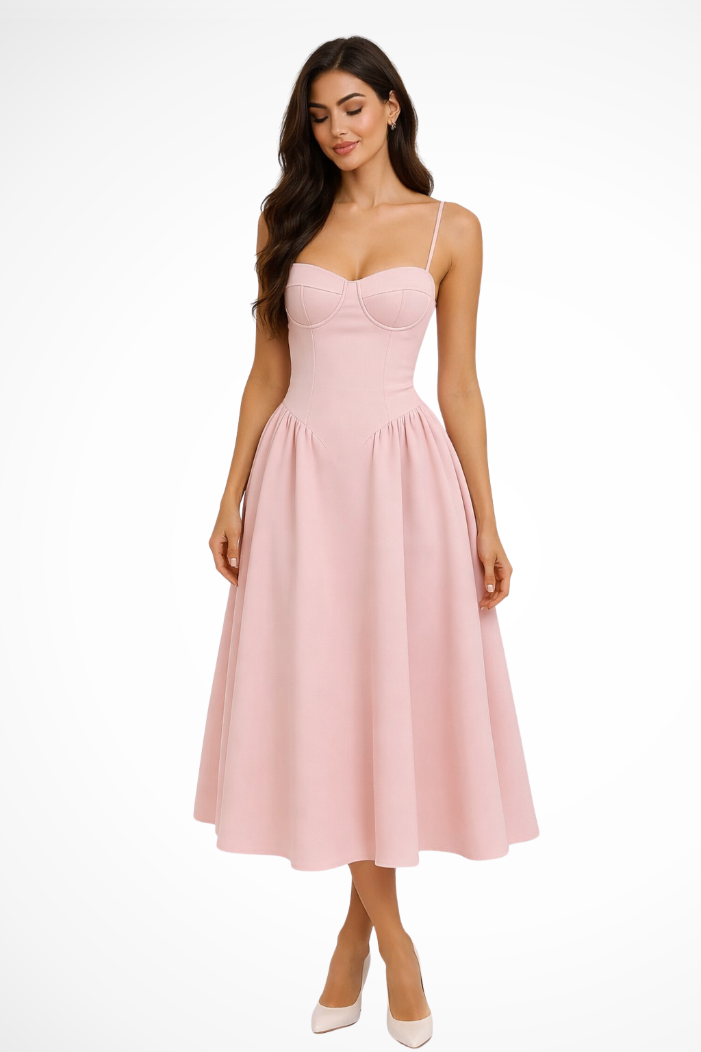 Robe midi femme bustier corset coupe évasée bretelles invitée mariage