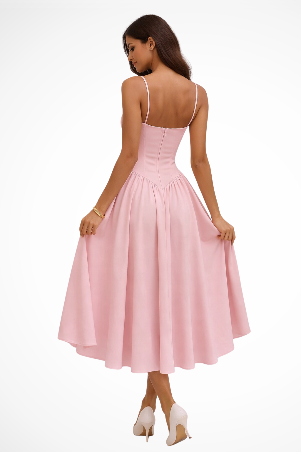 Robe midi femme bustier corset coupe évasée bretelles invitée mariage