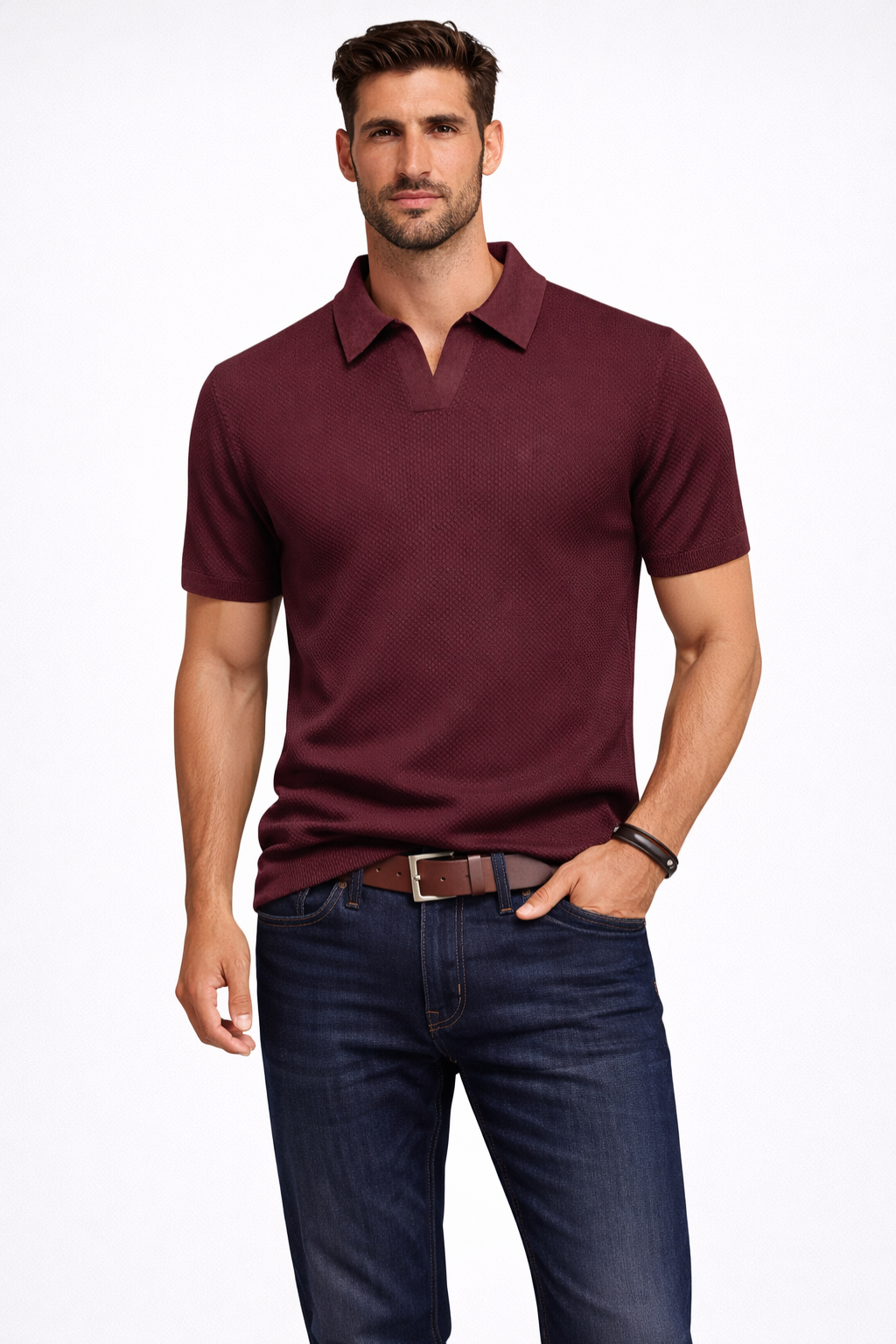 Polo homme maille texturée manches courtes col polo slim casual élégant