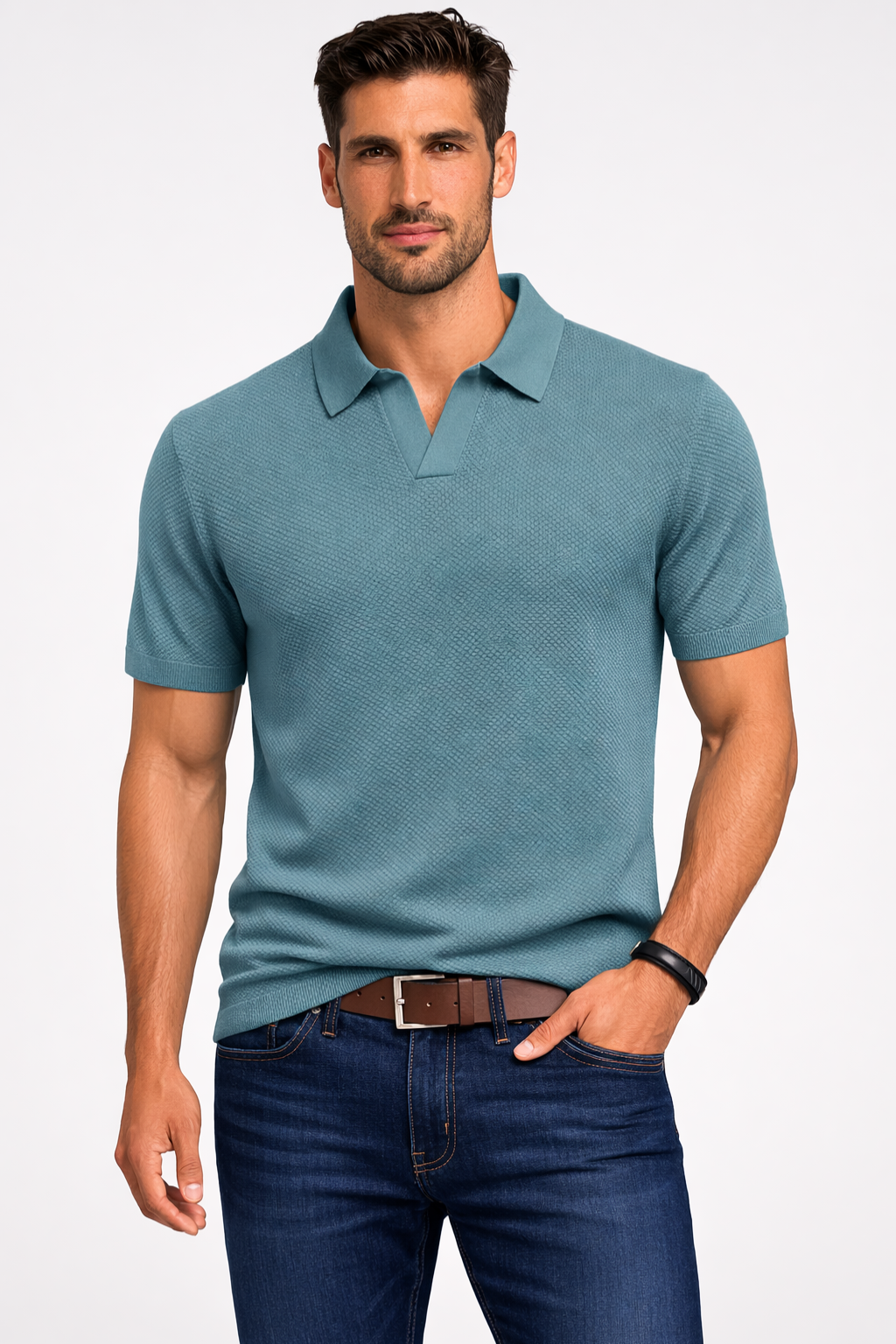 Polo homme maille texturée manches courtes col polo slim casual élégant