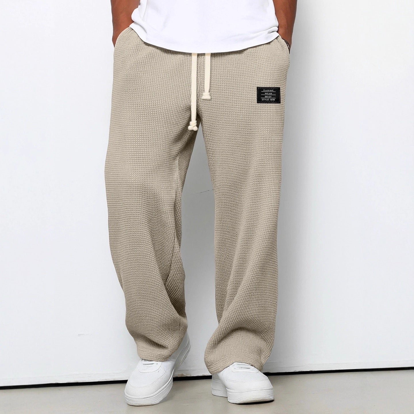 Pantalon homme maille gaufrée cordon taille élastique large casual confort