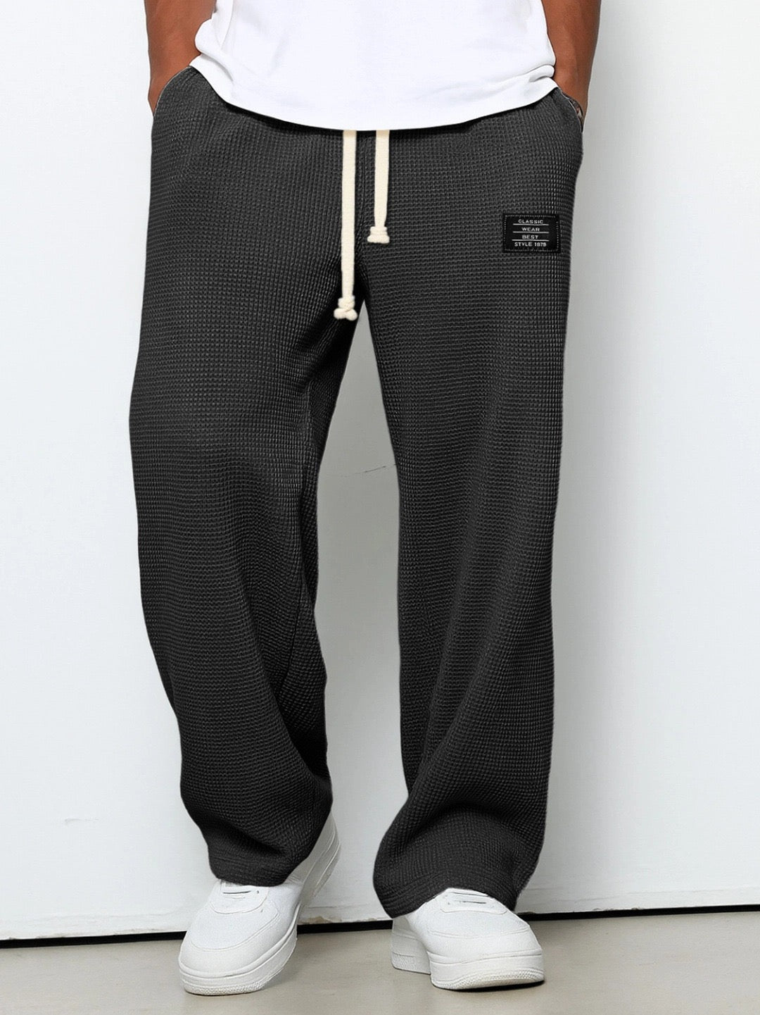 Pantalon homme maille gaufrée cordon taille élastique large casual confort