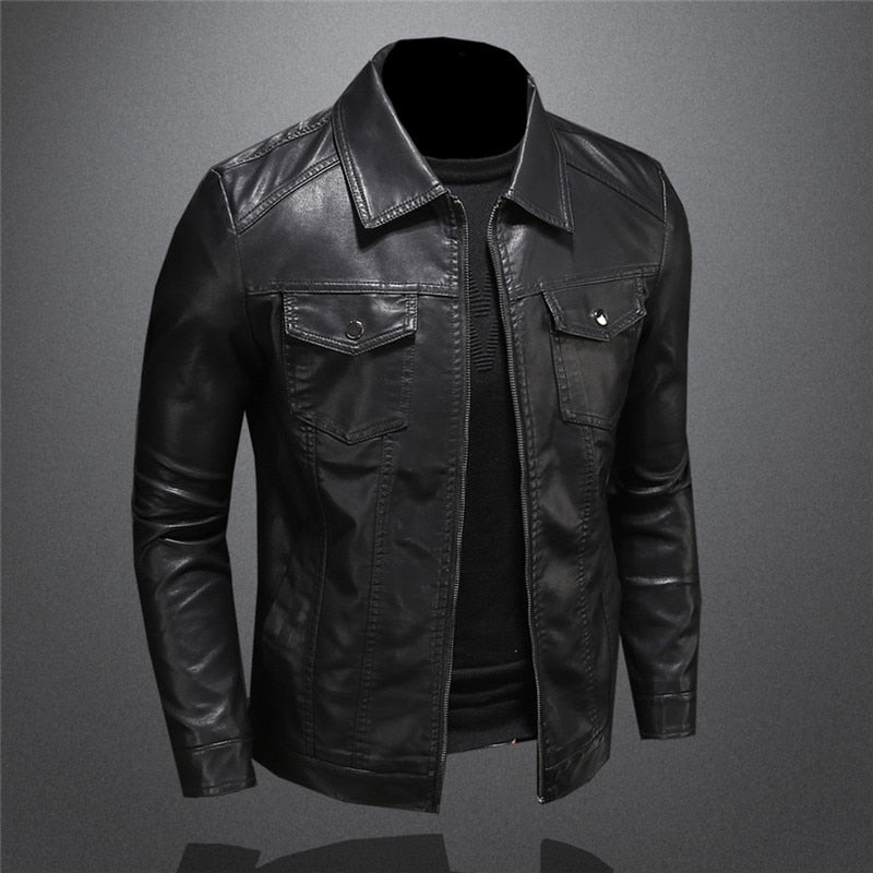 Veste en cuir homme coupe ajustée zippée style motard col chemise