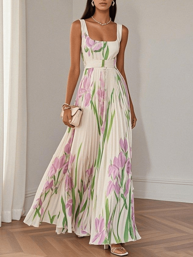 Robe longue femme plissée fleurie sans manches col carré robe été élégante