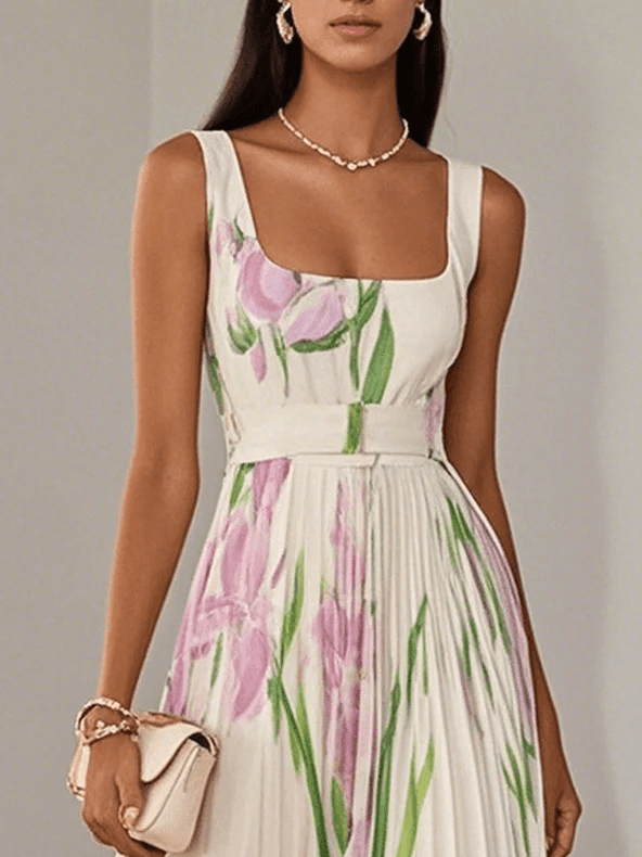 Robe longue femme plissée fleurie sans manches col carré robe été élégante