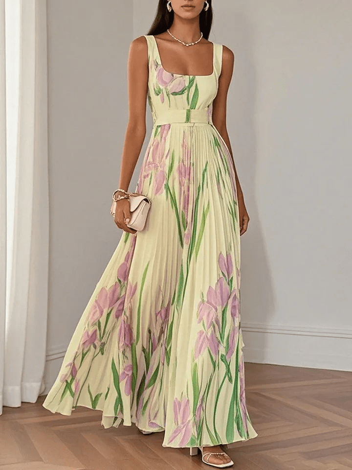 Robe longue femme plissée fleurie sans manches col carré robe été élégante