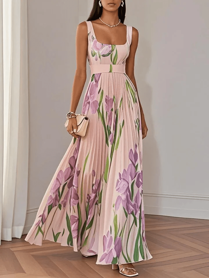 Robe longue femme plissée fleurie sans manches col carré robe été élégante
