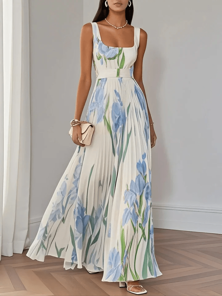 Robe longue femme plissée fleurie sans manches col carré robe été élégante