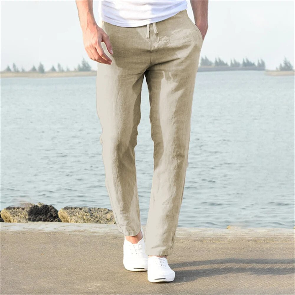 Pantalon homme lin coupe droite taille élastique avec cordon été