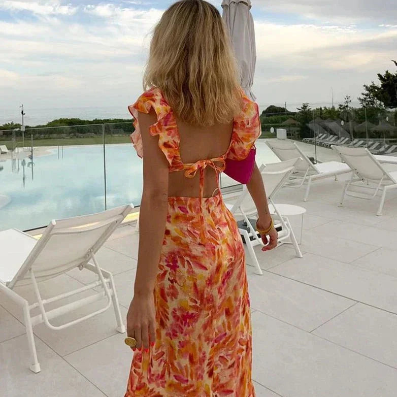 Robe longue femme imprimé floral col V volants sans manches coupe sirène