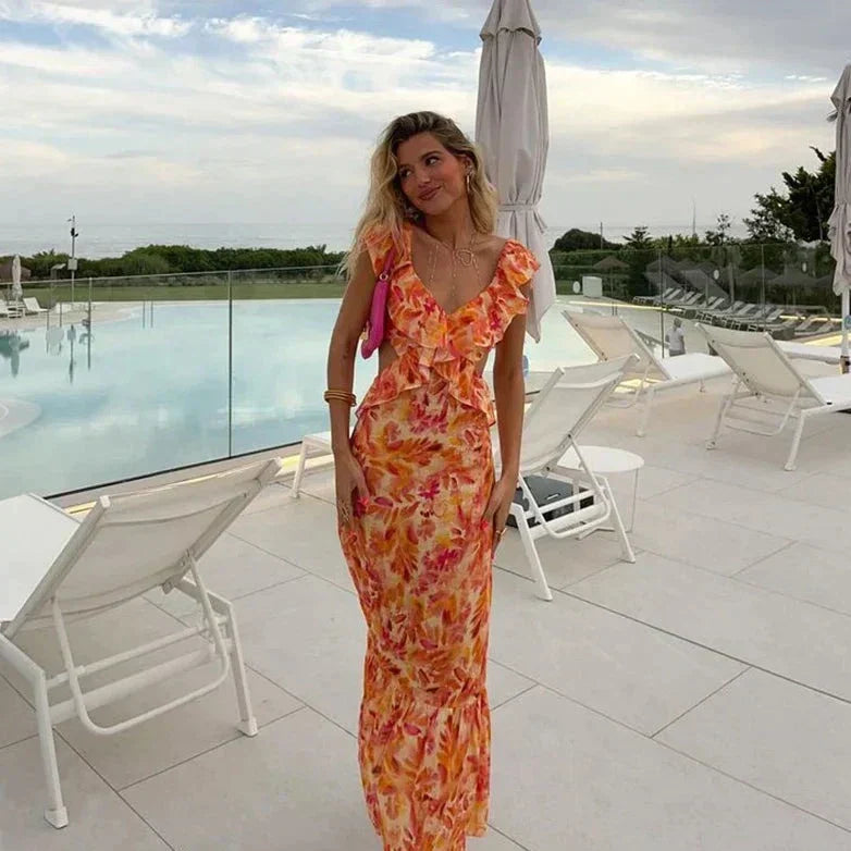Robe longue femme imprimé floral col V volants sans manches coupe sirène