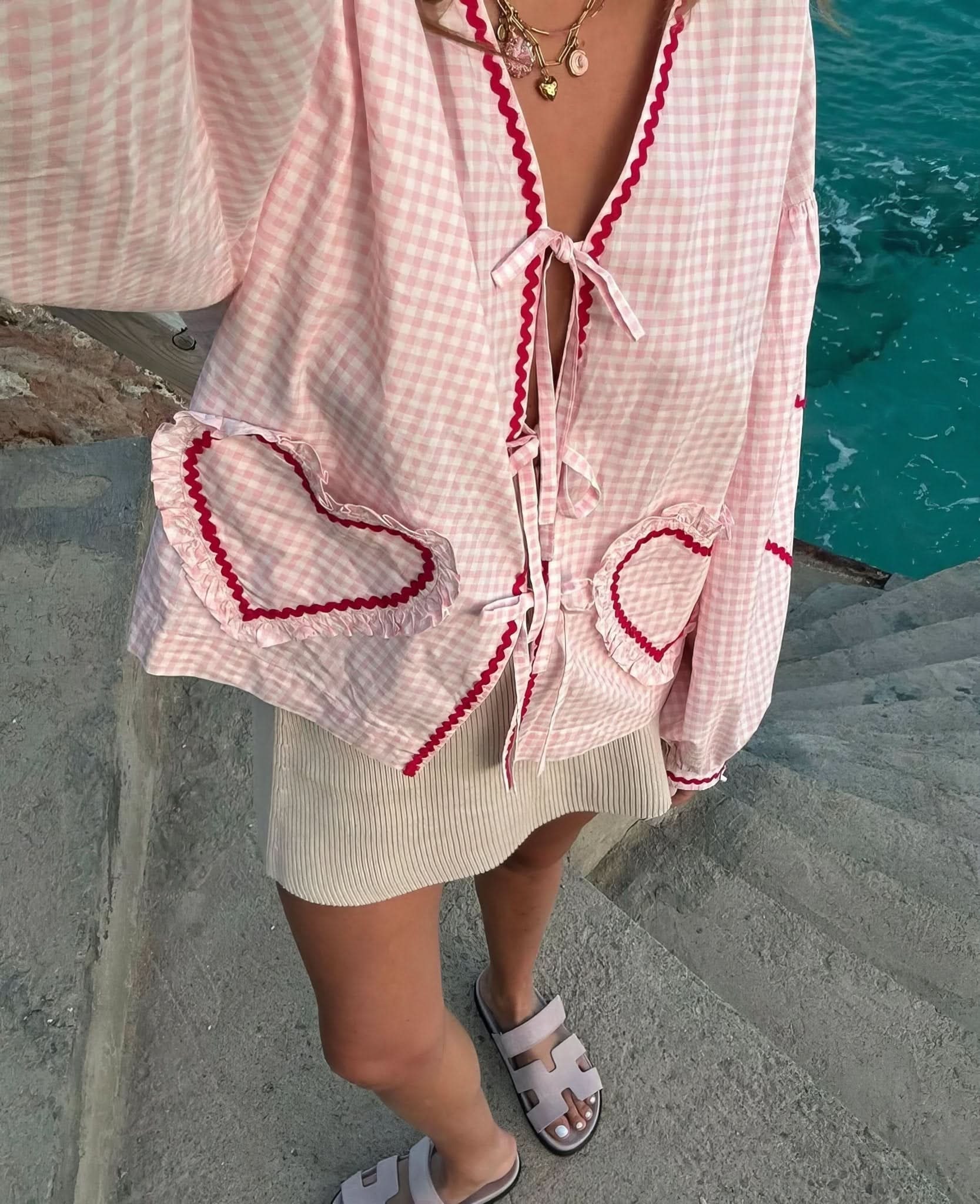 Blouse femme vichy col V à nouer manches longues oversize style bohème