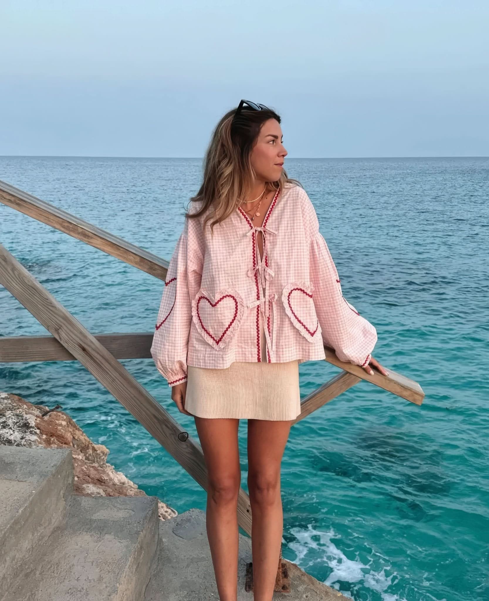 Blouse femme vichy col V à nouer manches longues oversize style bohème