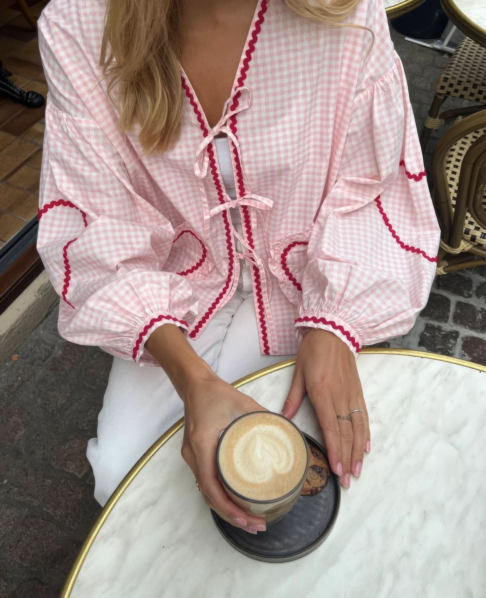Blouse femme vichy col V à nouer manches longues oversize style bohème