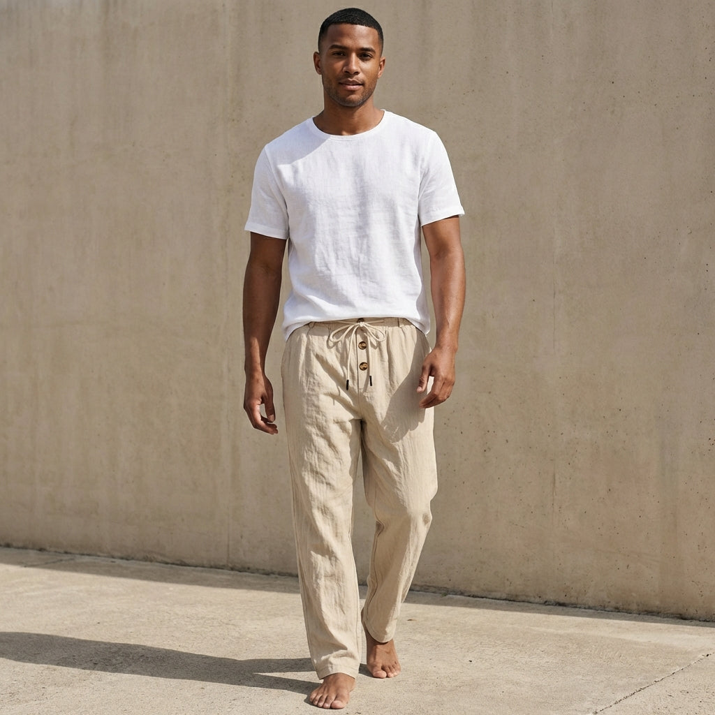 Pantalon homme en lin à cordon de serrage coupe ample décontractée